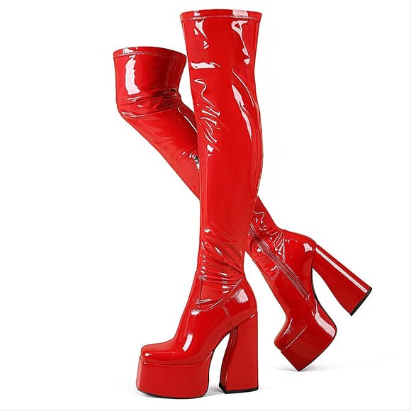 Women Patentred Synthetic Thigh High Boots Chunky Block Heels Over The Knee Boot - Picture 1 of 9